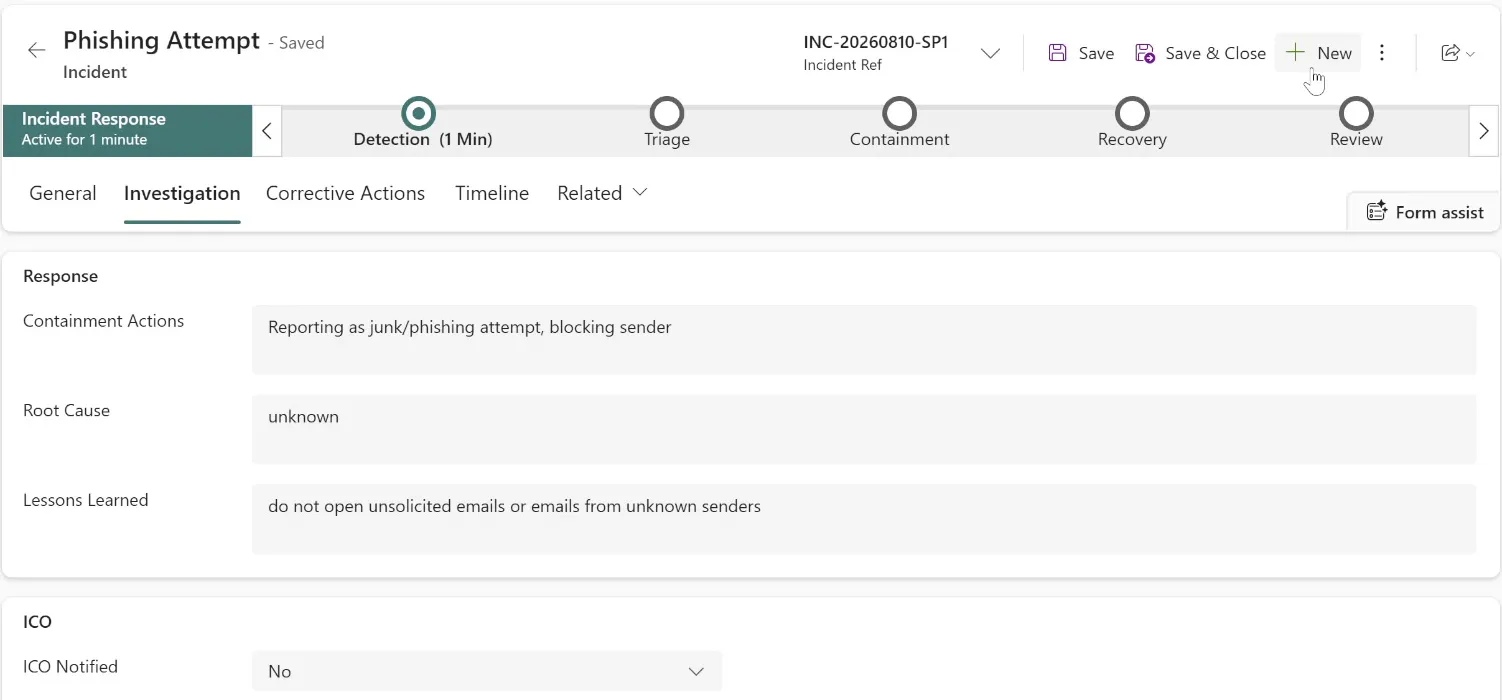 The Investigation tab of a worked incident, showing containment actions, root cause and lessons learned filled in, with the ICO notified field below.