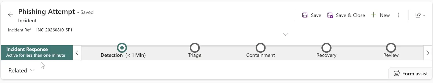 The incident response process bar on an incident record, showing the five stages: Detection, Triage, Containment, Recovery and Review.