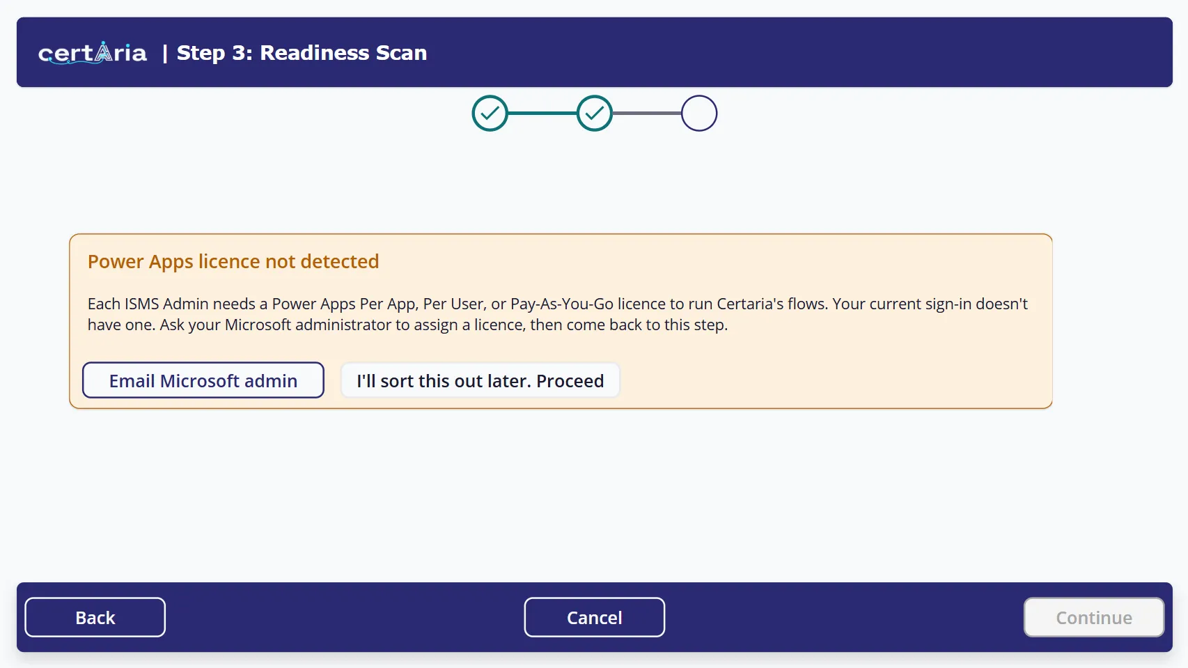 The wizard's Power Apps licence not detected warning, offering Email Microsoft admin and a proceed option.