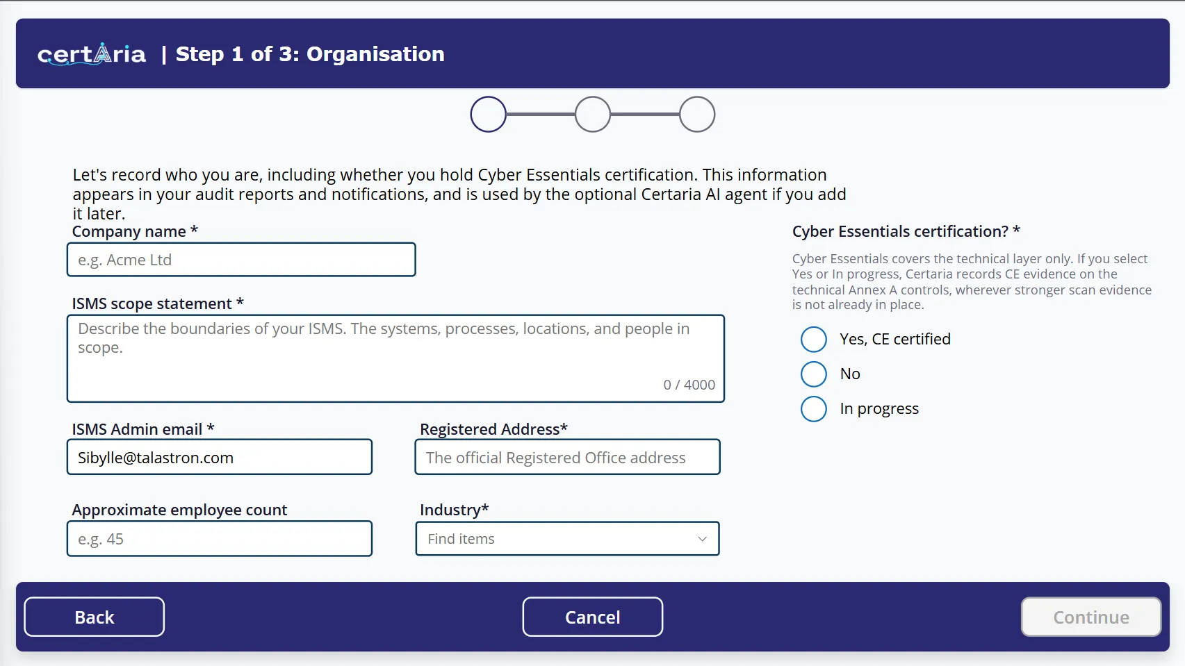 Step 1 of the wizard, showing the organisation fields and the Cyber Essentials question.