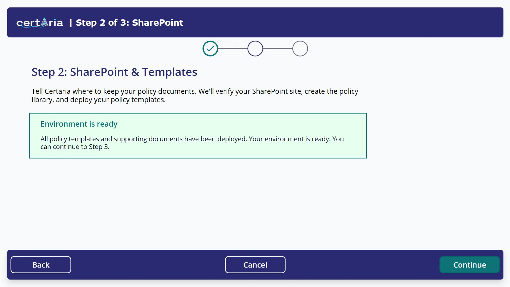 Step 2 of the wizard showing the Environment is ready confirmation.