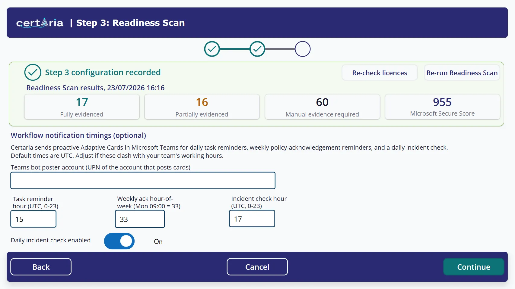 Step 3 after a scan, showing the four result tiles and the workflow notification timing fields.