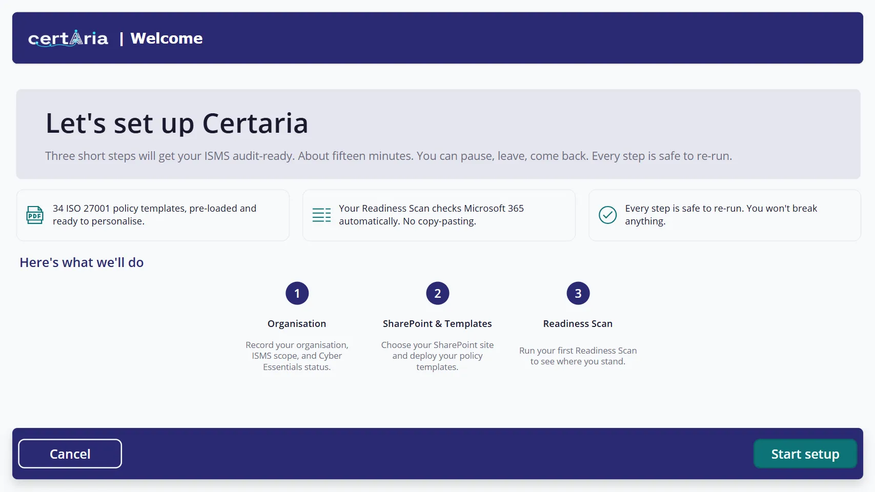 The Certaria Onboarding welcome screen, listing the three steps: Organisation, SharePoint and Templates, and Readiness Scan.